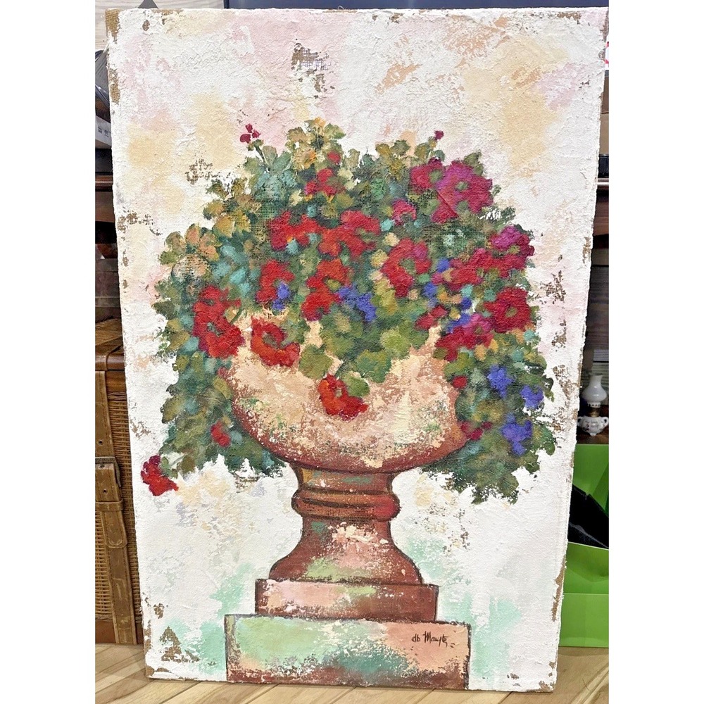 Signed DB Mayes Original Textured Floral Urn Painting Burlap Canvas 24x36